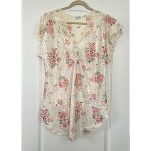 Vintage LUCIE ANN II Floral Nightgown Sz M Lace White Pink Roses Satin Dress USA